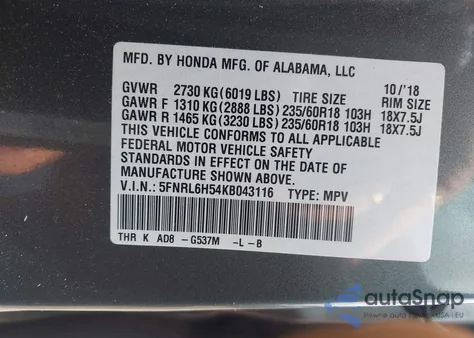 2019 Honda Odyssey Ex from USA, damaged, VIN 5FNRL6H54KB043116